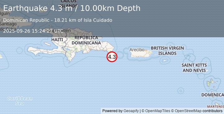 Earthquake DOMINICAN REPUBLIC REGION (4.3 md) (2025-09-26 15:24:27 UTC)