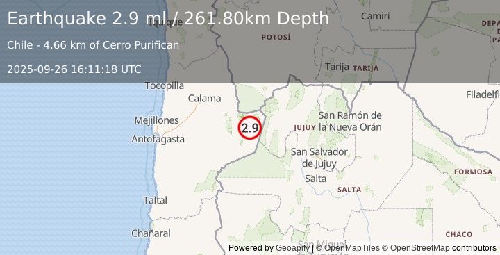 Earthquake ANTOFAGASTA, CHILE (2.9 ml) (2025-09-26 16:11:18 UTC)