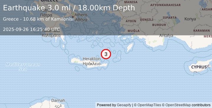 Earthquake CRETE, GREECE (3.0 ml) (2025-09-26 16:25:40 UTC)