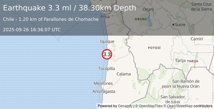 Earthquake OFFSHORE ANTOFAGASTA, CHILE (3.3 ml) (2025-09-26 16:36:07 UTC)