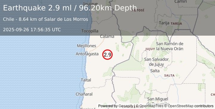 Earthquake ANTOFAGASTA, CHILE (2.9 ml) (2025-09-26 17:56:35 UTC)