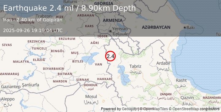 Earthquake TURKEY-IRAN BORDER REGION (2.4 ml) (2025-09-26 19:19:04 UTC)