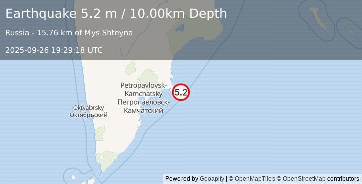 Earthquake NEAR EAST COAST OF KAMCHATKA (5.1 mb) (2025-09-26 19:29:18 UTC)