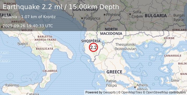 Earthquake ALBANIA (2.2 ml) (2025-09-26 19:40:33 UTC)