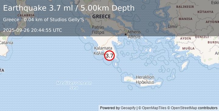 Earthquake SOUTHERN GREECE (3.7 ml) (2025-09-26 20:44:55 UTC)