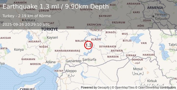 Earthquake EASTERN TURKEY (1.3 ml) (2025-09-26 20:29:10 UTC)