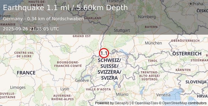 Earthquake FRANCE-GERMANY BORDER REGION (1.1 ml) (2025-09-26 21:35:05 UTC)