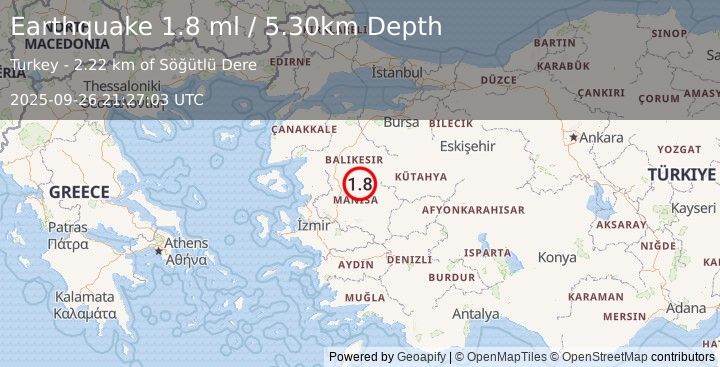 Earthquake WESTERN TURKEY (1.8 ml) (2025-09-26 21:27:03 UTC)