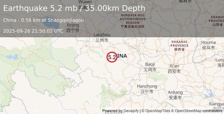 Earthquake GANSU, CHINA (5.2 mw) (2025-09-26 21:49:58 UTC)