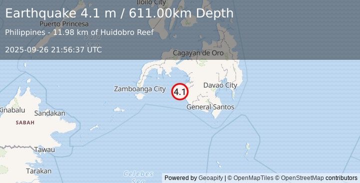 Earthquake MORO GULF, MINDANAO, PHILIPPINES (4.1 m) (2025-09-26 21:56:37 UTC)