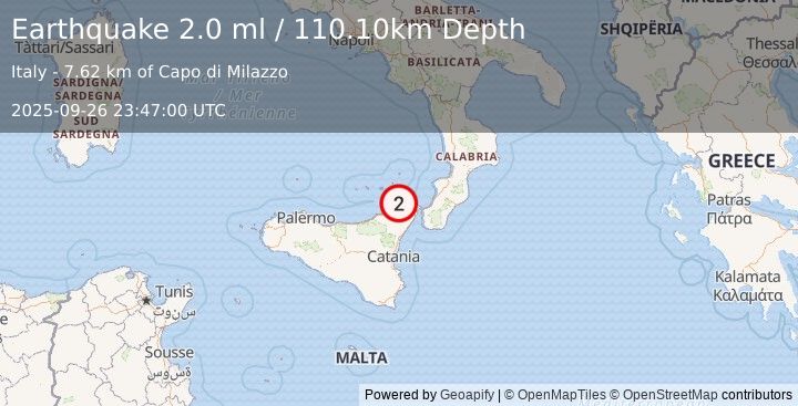 Earthquake SICILY, ITALY (2.0 ml) (2025-09-26 23:47:00 UTC)