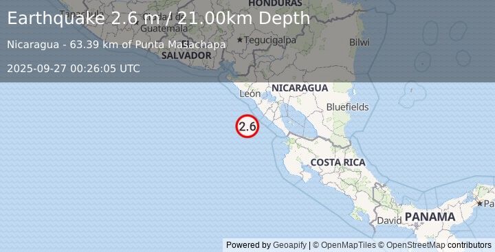 Earthquake NEAR COAST OF NICARAGUA (2.6 m) (2025-09-27 00:26:05 UTC)