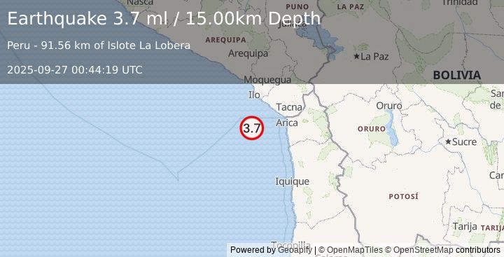 Earthquake OFF COAST OF TARAPACA, CHILE (3.6 ml) (2025-09-27 00:44:23 UTC)
