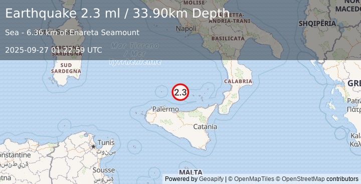 Earthquake SICILY, ITALY (2.3 ml) (2025-09-27 01:22:59 UTC)