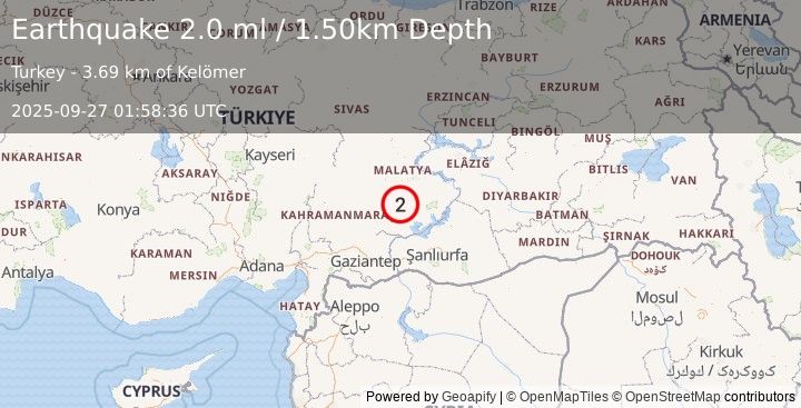 Earthquake EASTERN TURKEY (2.0 ml) (2025-09-27 01:58:37 UTC)