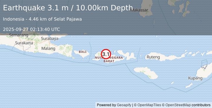 Earthquake LOMBOK REGION, INDONESIA (3.1 m) (2025-09-27 02:13:40 UTC)