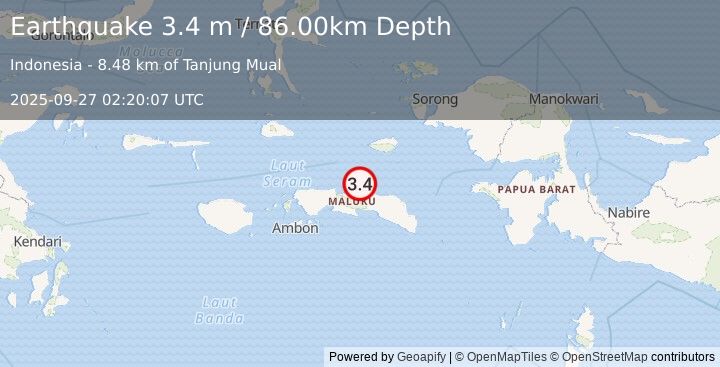 Earthquake SERAM, INDONESIA (3.4 m) (2025-09-27 02:20:07 UTC)