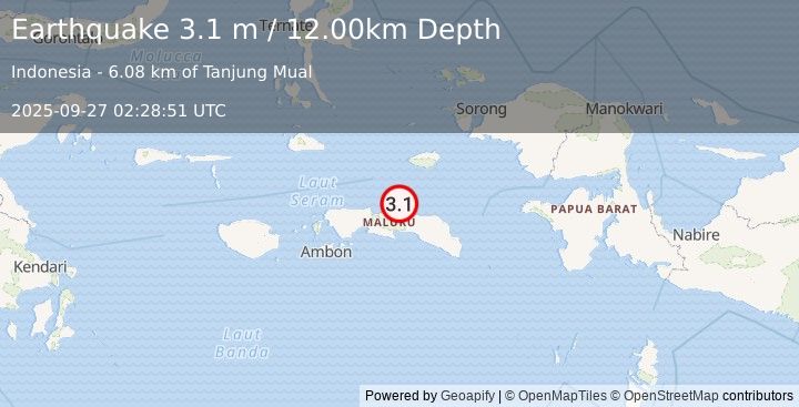 Earthquake SERAM, INDONESIA (3.1 m) (2025-09-27 02:28:51 UTC)