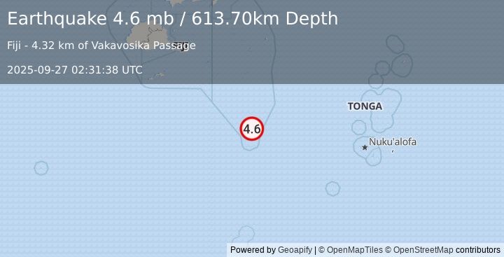 Earthquake FIJI REGION (4.6 mb) (2025-09-27 02:31:38 UTC)