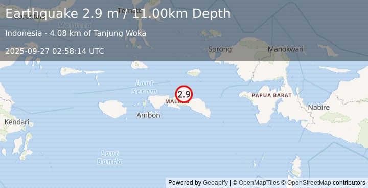 Earthquake SERAM, INDONESIA (2.9 m) (2025-09-27 02:58:14 UTC)