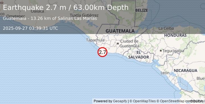 Earthquake OFFSHORE GUATEMALA (2.7 m) (2025-09-27 03:39:31 UTC)