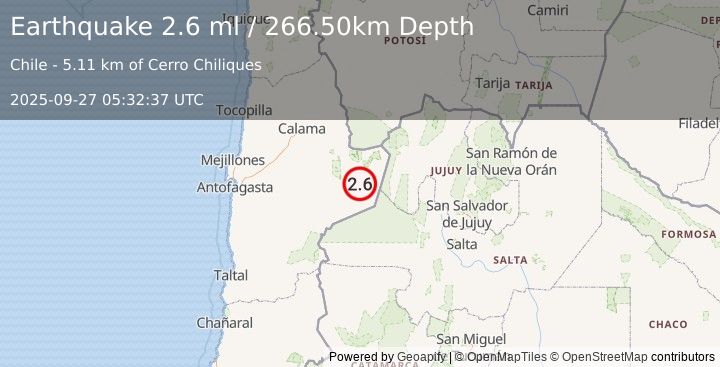 Earthquake ANTOFAGASTA, CHILE (2.6 ml) (2025-09-27 05:32:37 UTC)
