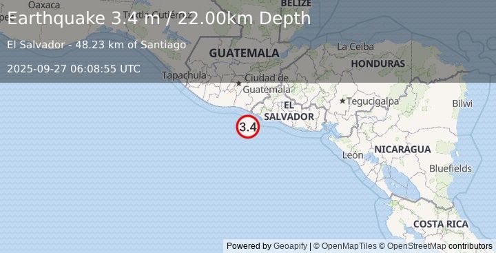 Earthquake OFFSHORE EL SALVADOR (3.4 m) (2025-09-27 06:08:55 UTC)