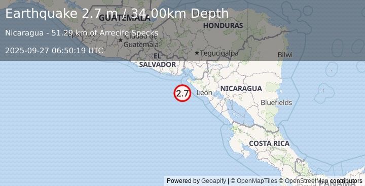Earthquake NEAR COAST OF NICARAGUA (2.7 m) (2025-09-27 06:50:19 UTC)