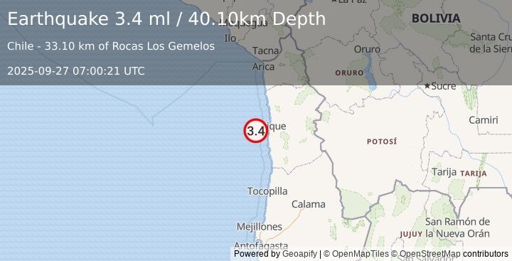 Earthquake OFFSHORE TARAPACA, CHILE (3.4 ml) (2025-09-27 07:00:21 UTC)