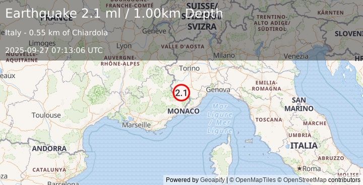 Earthquake NORTHERN ITALY (2.1 ml) (2025-09-27 07:13:05 UTC)