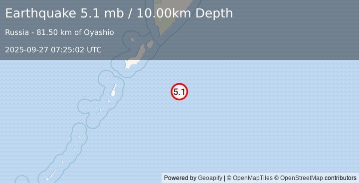 Earthquake EAST OF KURIL ISLANDS (5.1 mb) (2025-09-27 07:25:00 UTC)