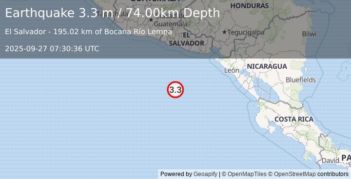 Earthquake OFF COAST OF CENTRAL AMERICA (3.3 m) (2025-09-27 07:30:38 UTC)