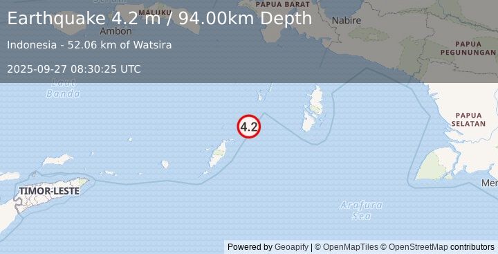 Earthquake KEP. TANIMBAR REGION, INDONESIA (4.2 m) (2025-09-27 08:30:25 UTC)