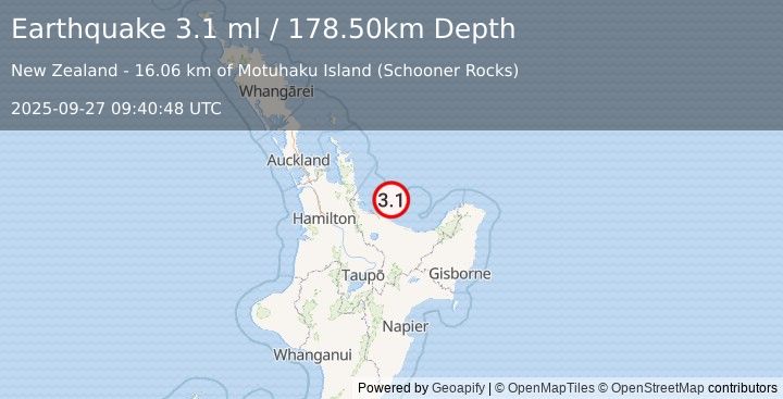 Earthquake NORTH ISLAND OF NEW ZEALAND (3.1 ml) (2025-09-27 09:40:48 UTC)