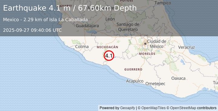 Earthquake MICHOACAN, MEXICO (4.1 m) (2025-09-27 09:40:06 UTC)