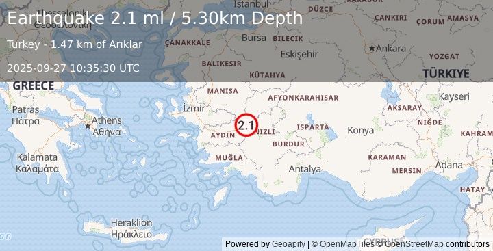 Earthquake WESTERN TURKEY (2.1 ml) (2025-09-27 10:35:30 UTC)