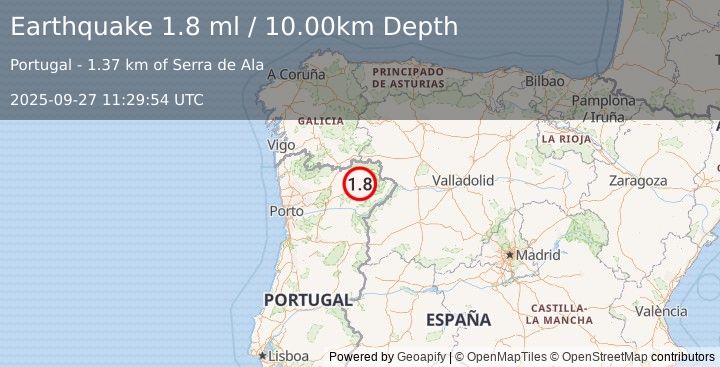 Earthquake PORTUGAL (1.8 ml) (2025-09-27 11:29:54 UTC)