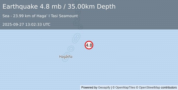 Earthquake ROTA REGION, N. MARIANA ISLANDS (4.8 mb) (2025-09-27 13:02:33 UTC)