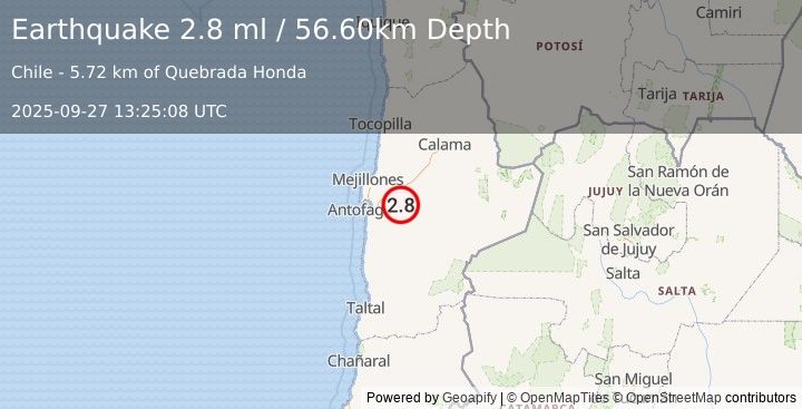 Earthquake ANTOFAGASTA, CHILE (2.8 ml) (2025-09-27 13:25:08 UTC)