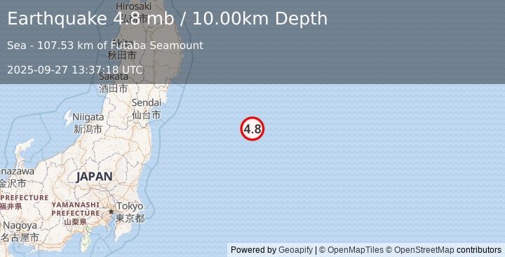 Earthquake OFF EAST COAST OF HONSHU, JAPAN (4.8 mb) (2025-09-27 13:37:18 UTC)