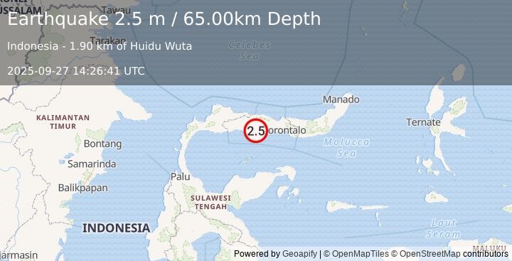 Earthquake MINAHASA, SULAWESI, INDONESIA (2.5 m) (2025-09-27 14:26:41 UTC)