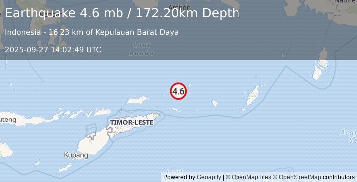 Earthquake KEPULAUAN BARAT DAYA, INDONESIA (4.6 mb) (2025-09-27 14:02:49 UTC)