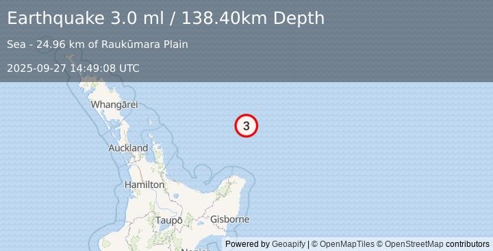 Earthquake OFF E. COAST OF N. ISLAND, N.Z. (3.0 ml) (2025-09-27 14:49:08 UTC)