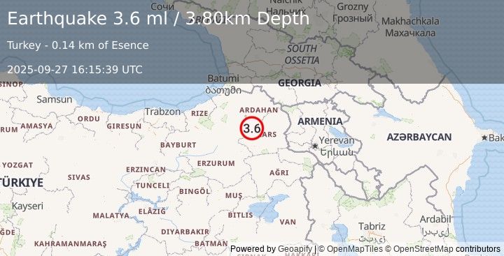 Earthquake EASTERN TURKEY (3.7 ml) (2025-09-27 16:15:40 UTC)