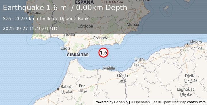 Earthquake STRAIT OF GIBRALTAR (1.6 ml) (2025-09-27 15:40:01 UTC)