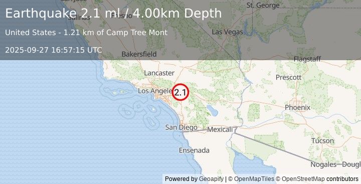 Earthquake GREATER LOS ANGELES AREA, CALIF. (2.1 ml) (2025-09-27 16:57:15 UTC)