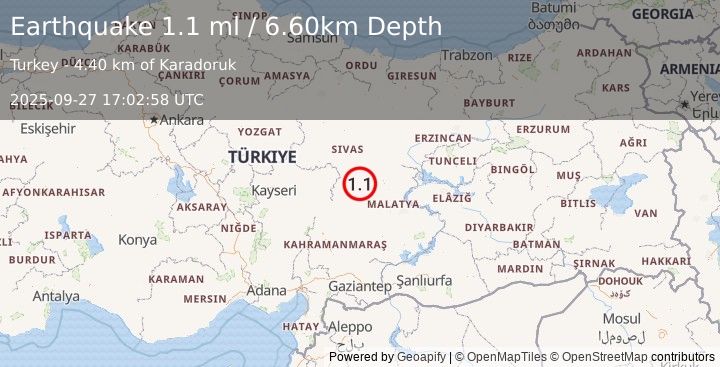 Earthquake CENTRAL TURKEY (1.1 ml) (2025-09-27 17:02:58 UTC)