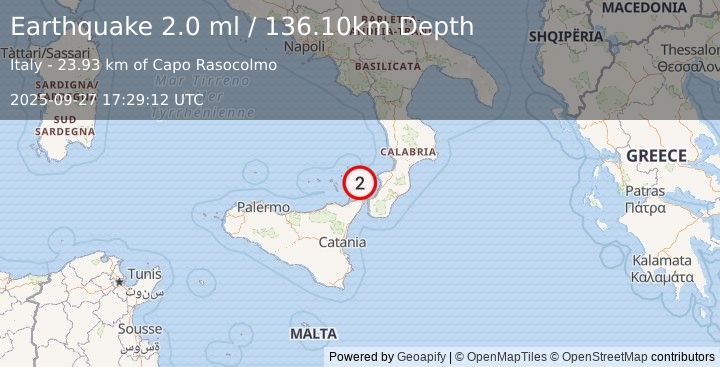 Earthquake SICILY, ITALY (2.0 ml) (2025-09-27 17:29:12 UTC)