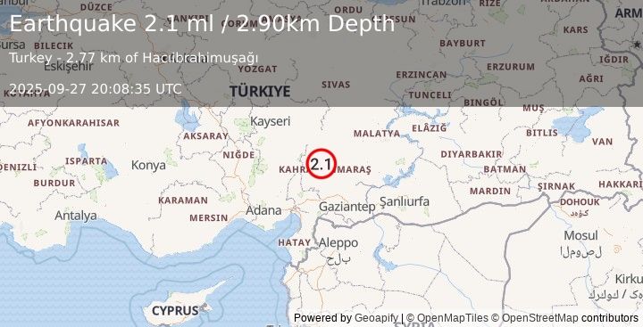 Earthquake CENTRAL TURKEY (2.1 ml) (2025-09-27 20:08:35 UTC)