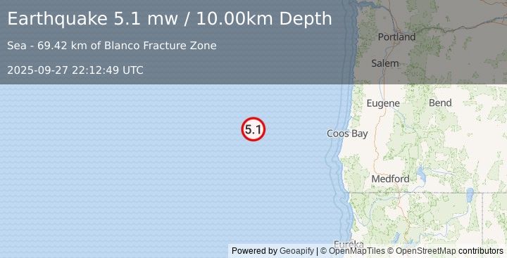 Earthquake OFF COAST OF OREGON (5.1 mw) (2025-09-27 22:12:49 UTC)